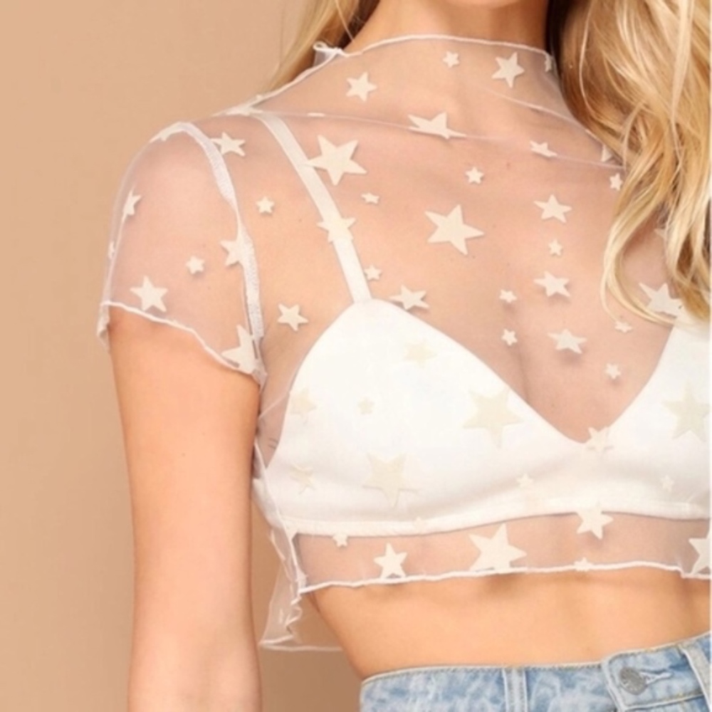 Star mesh coverup crop top blouse in white - Picture 1 of 8